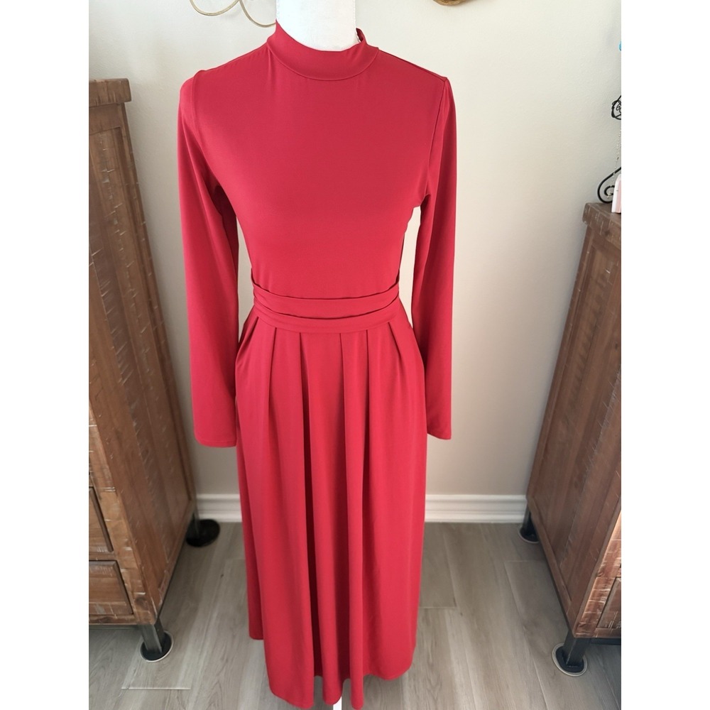 Halara Red Mock Neck Long Sleeve Midi Dress Pleated Stretch Size Small
